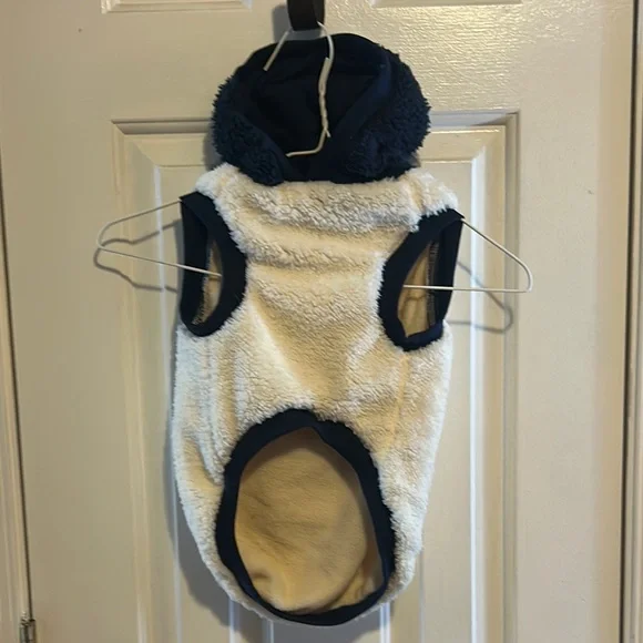 White and Navy Blue Dog Sweater with Hood - Picture 1 of 3